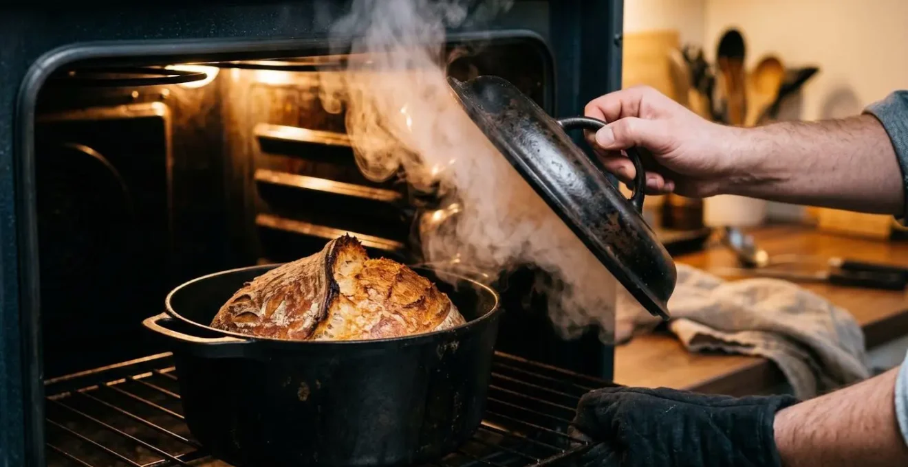 Cocotte en fonte ouverte laissant échapper de la vapeur avec pain au levain doré à l'intérieur