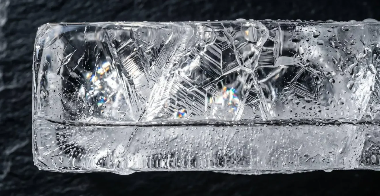 Vue macro d'un bloc de glace cristalline montrant la pureté et la structure sans bulles d'air obtenue par congélation directionnelle