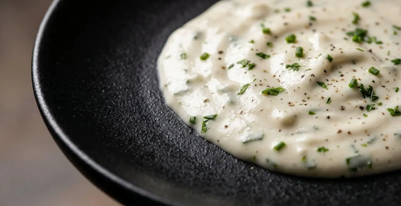 Contraste visuel entre une sauce crémeuse et une assiette noire mate