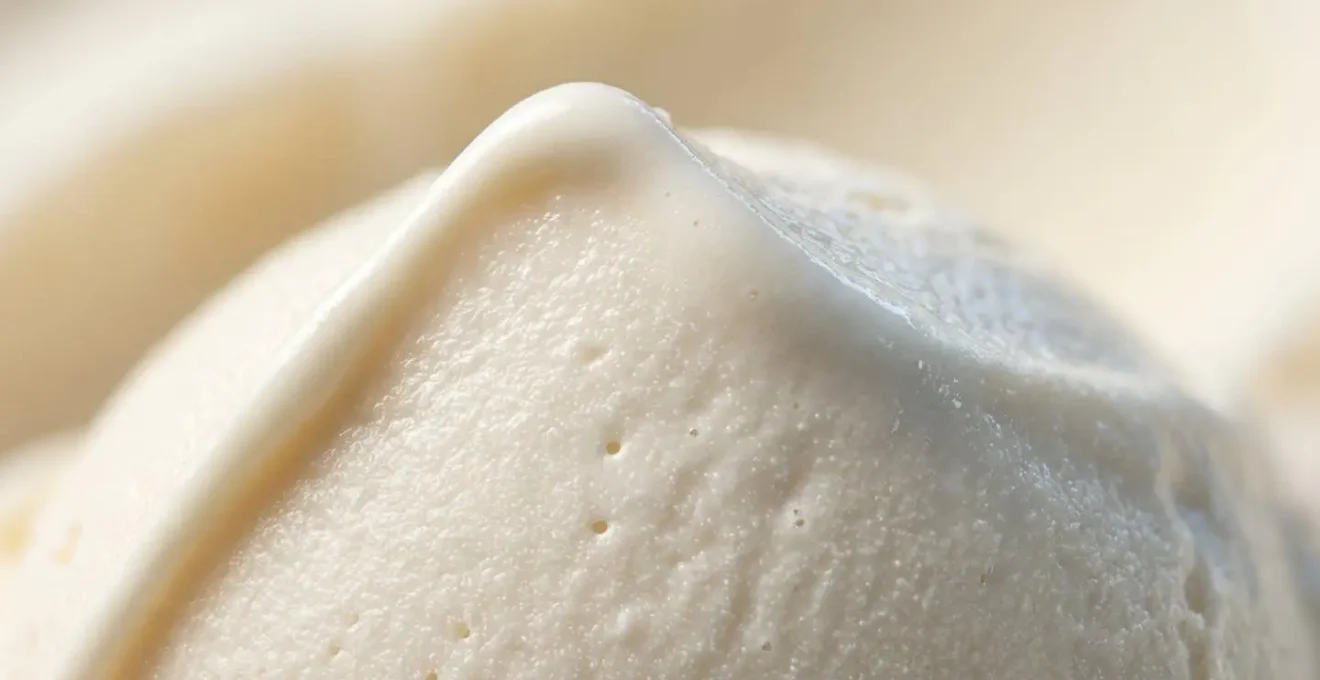 Vue macro détaillée de la texture d'une glace artisanale montrant l'absence de cristaux