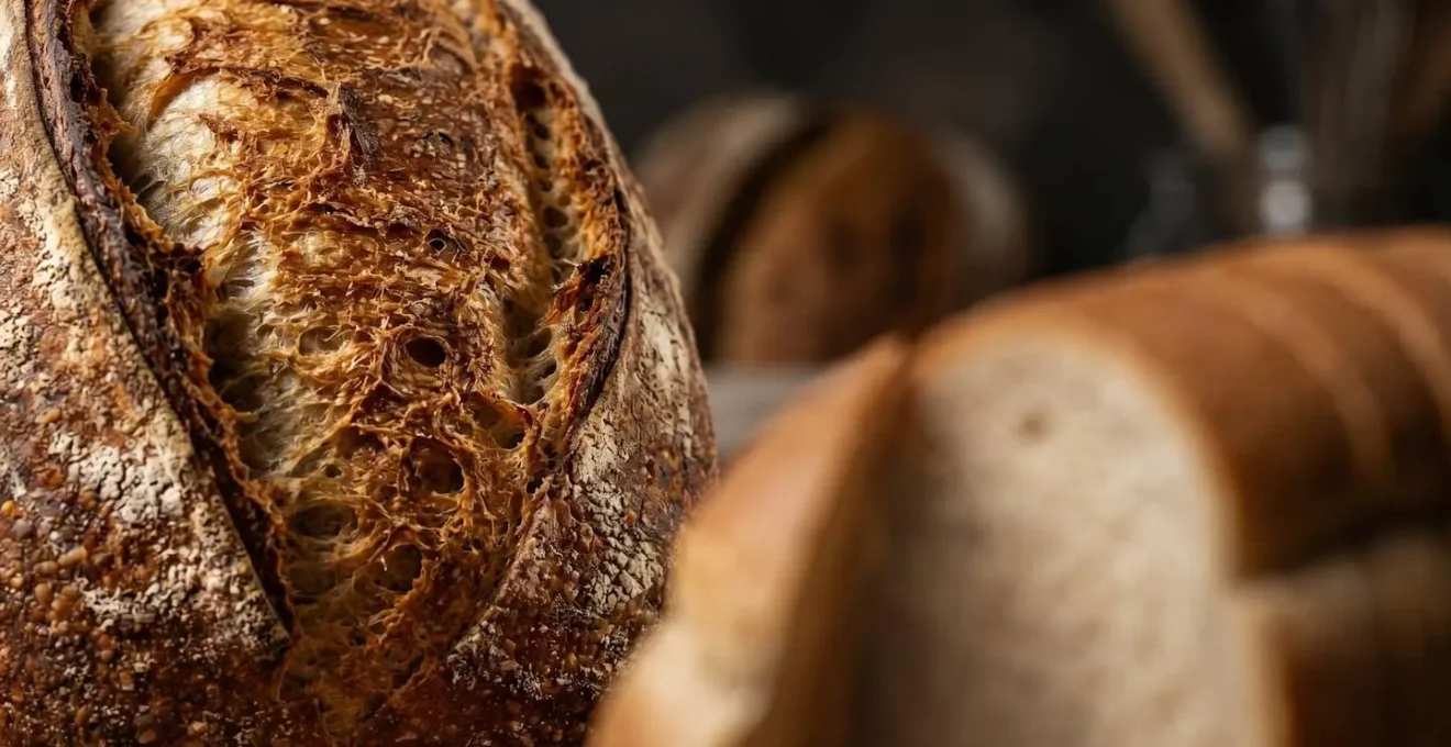 Gros plan macro sur la croûte croustillante et alvéolée d'un pain artisanal fraîchement cuit