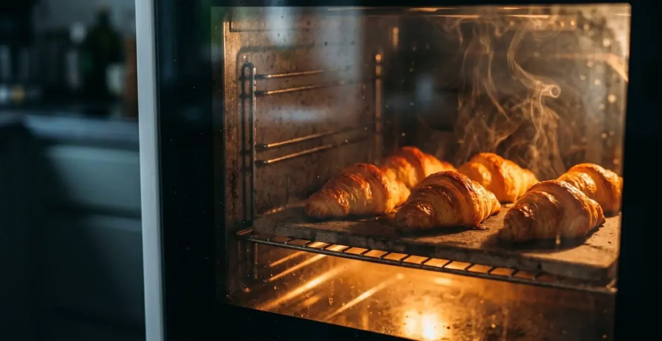Croissants en cuisson dans un four avec chaleur intense par le bas montrant la levée