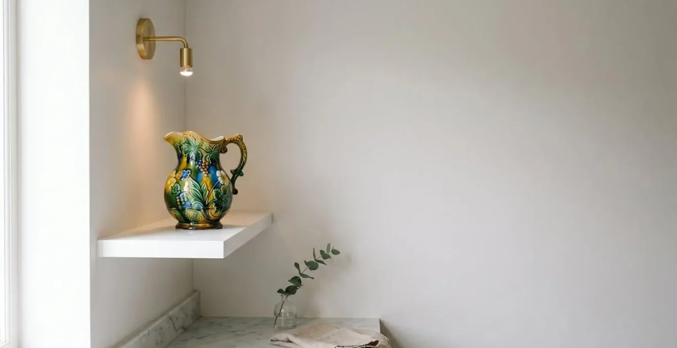 Mise en scène décorative d'un pichet en barbotine coloré sur une étagère épurée blanche avec éclairage ciblé