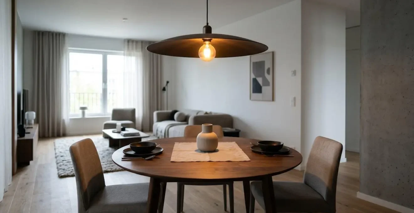 Suspension design créant une bulle de lumière au-dessus d'une table pour délimiter l'espace repas