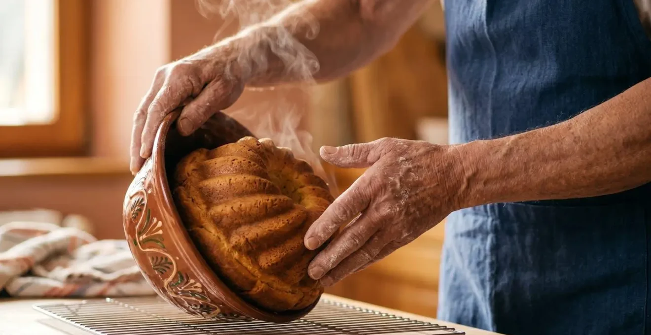 Kouglof doré se détachant de son moule en terre cuite avec vapeur visible