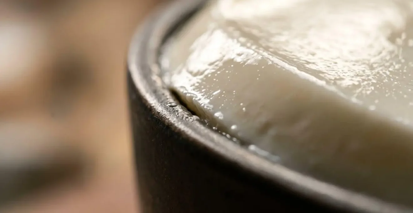 Gros plan sur une panna cotta en cours de démoulage montrant la délicate séparation du moule grâce à la technique de l'eau chaude