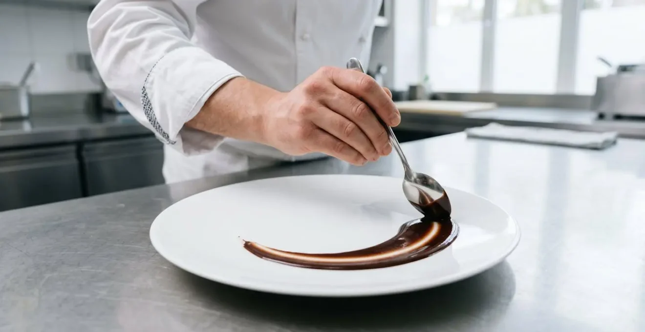 Geste précis d'un chef pâtissier réalisant une virgule de sauce au chocolat sur assiette blanche