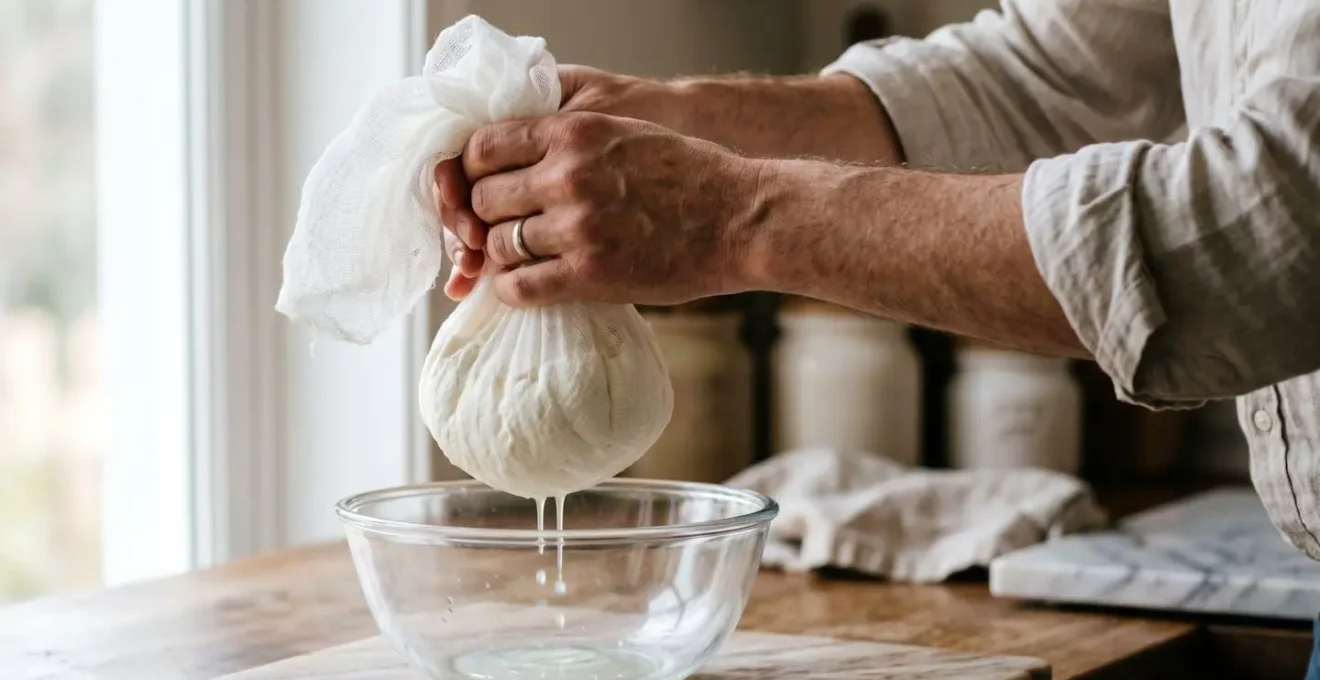Fromage blanc s'égouttant dans une étamine suspendue au-dessus d'un bol en verre