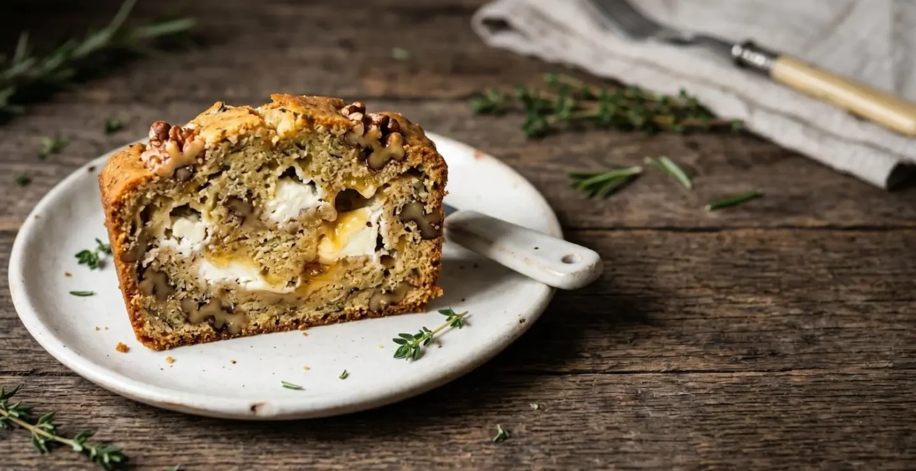 Coupe transversale d'un cake salé montrant l'équilibre visuel entre fromage de chèvre fondant et garnitures croquantes