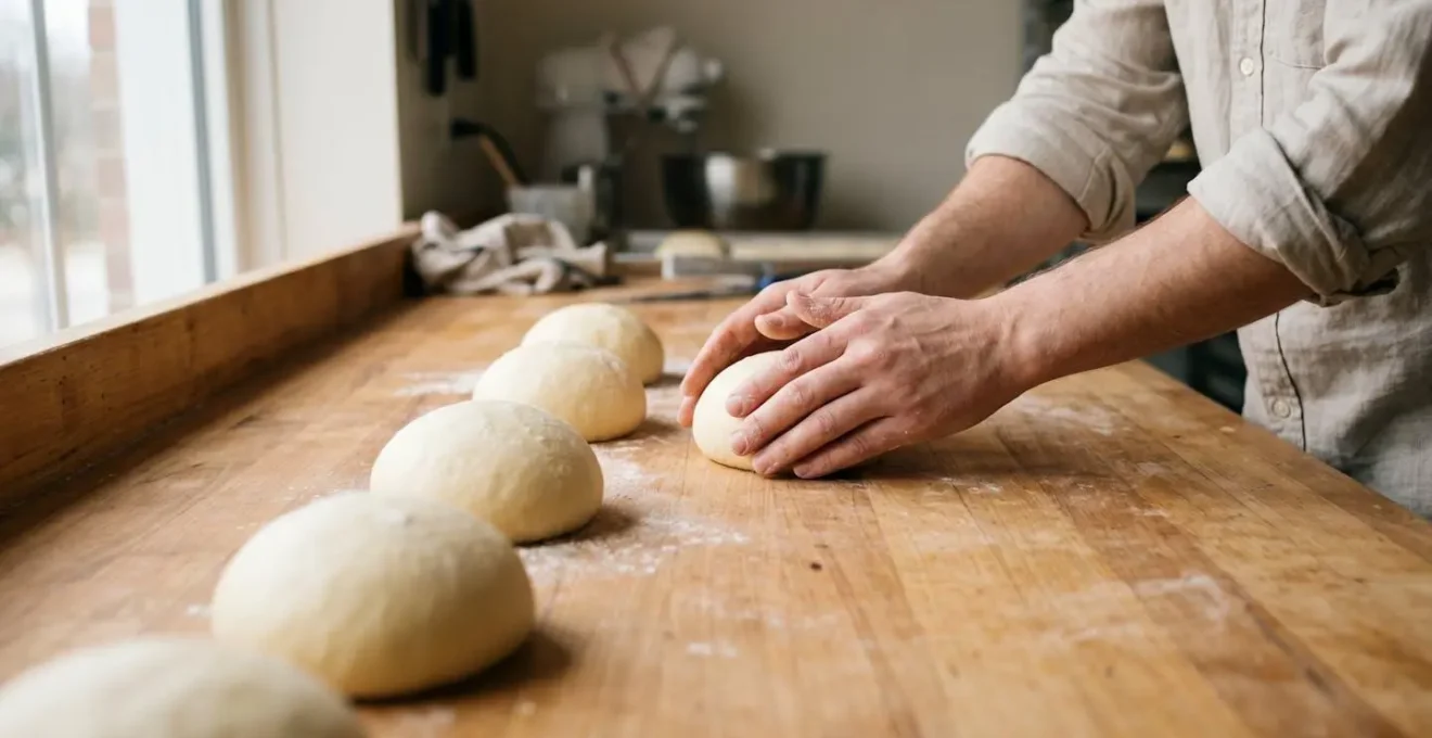 Vue rapprochée de mains de boulanger façonnant une boule de pâte à brioche sur plan de travail