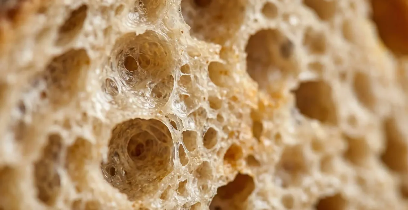 Gros plan macro sur la structure alvéolaire d'une miche de pain au levain naturel montrant la fermentation lactique