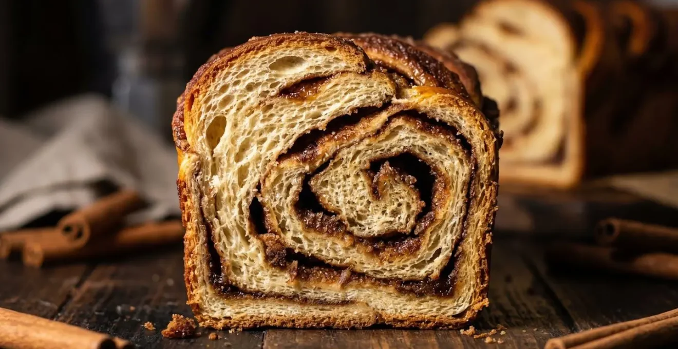 Vue rapprochée d'une babka à la cannelle montrant les spirales dorées de la garniture épicée