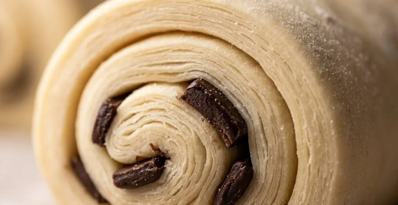 Vue macro des couches de pâte feuilletée enroulées autour de barres de chocolat, montrant la structure en spirale