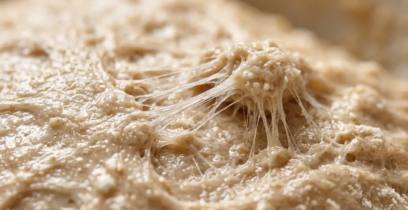 Macro détail de la structure du gluten en formation dans une pâte à pain en autolyse