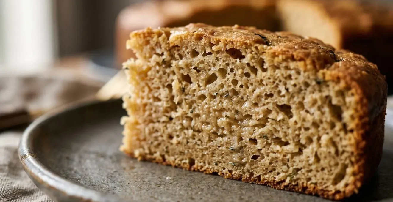 Vue macro de la texture moelleuse et non friable d'un cake sans gluten réussi grâce aux liants