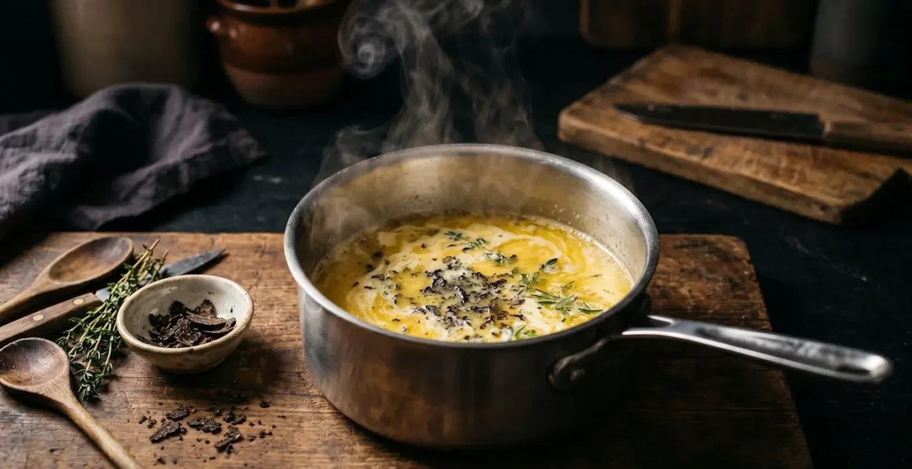 Scène culinaire montrant la technique d'infusion d'ingrédients nobles dans des préparations de base