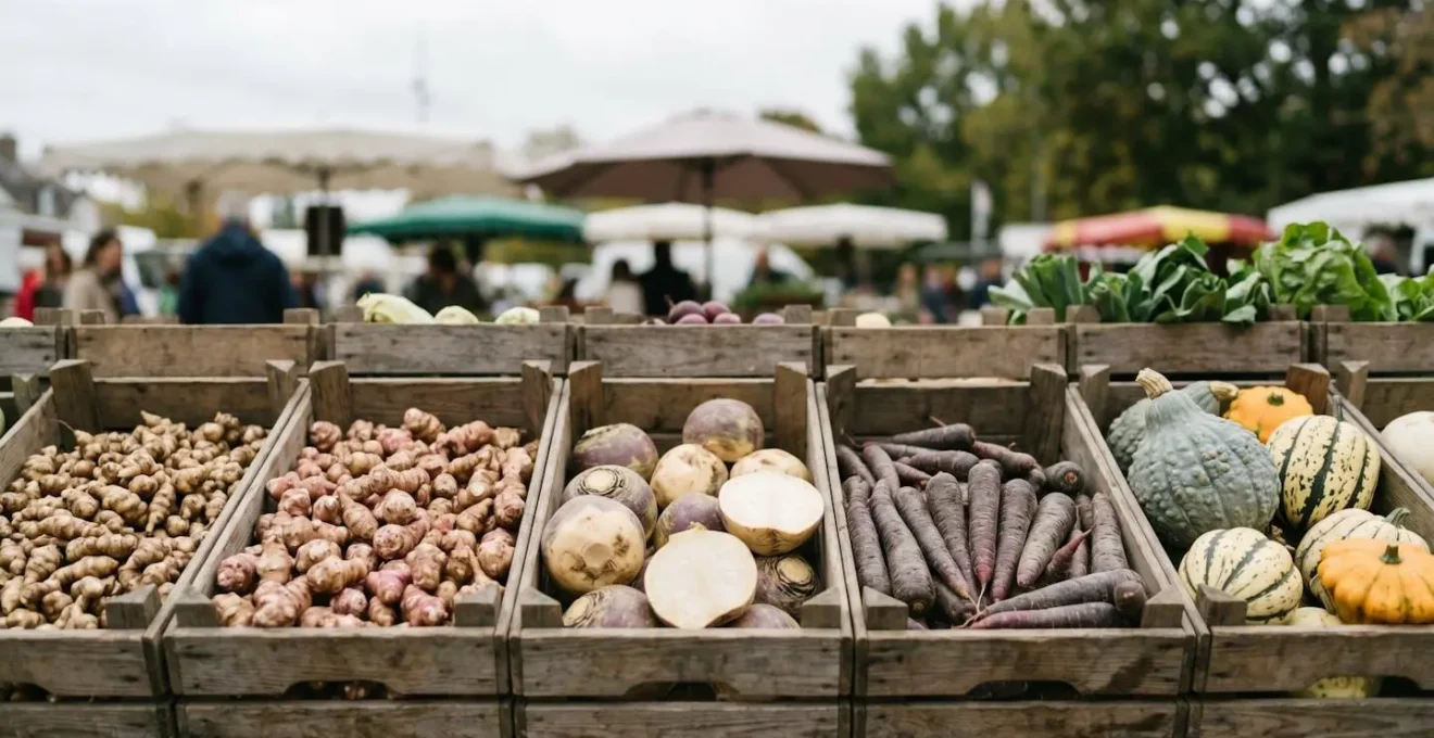 Vue large d'un étalage de marché avec des légumes anciens et variétés oubliées disposés dans des cagettes en bois