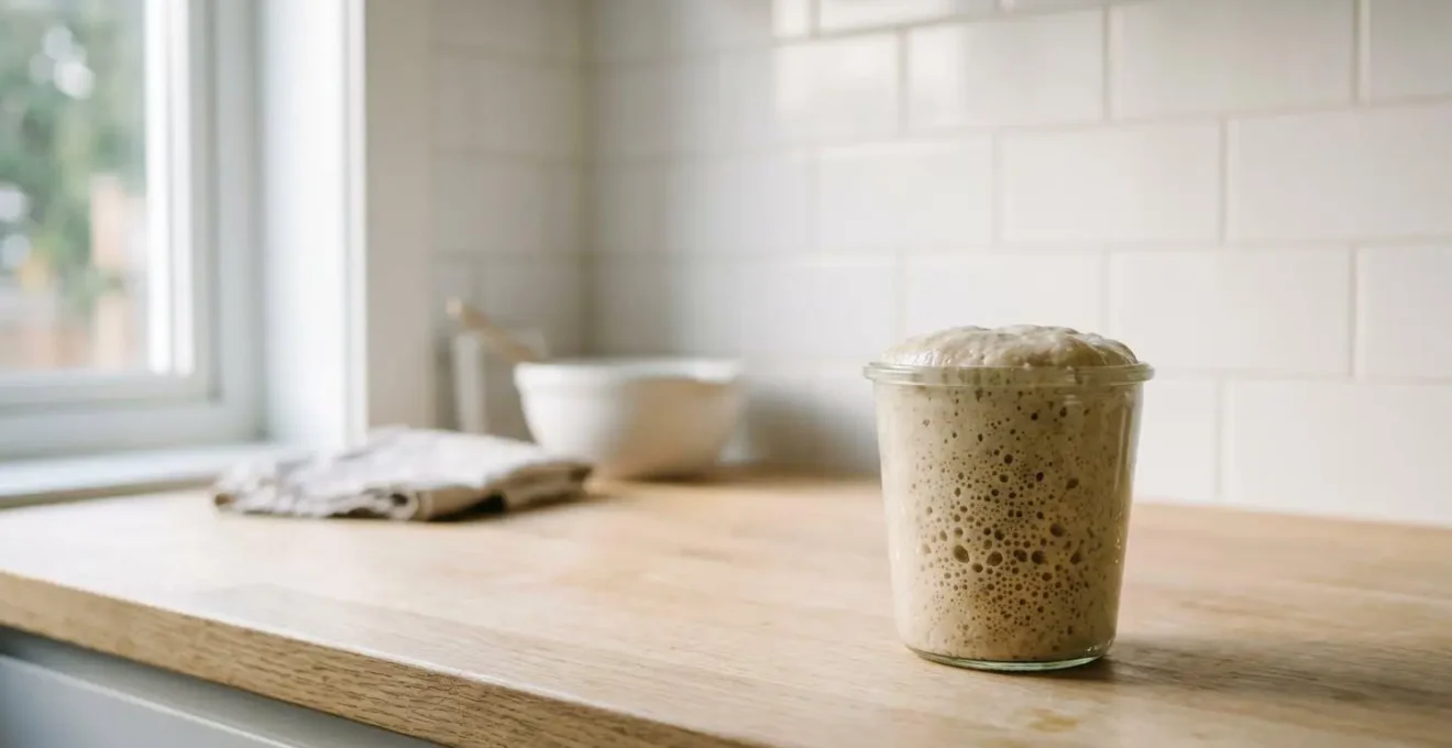 Vue environnementale minimaliste d'un bocal de levain naturel dans une cuisine artisanale au moment du pic de fermentation