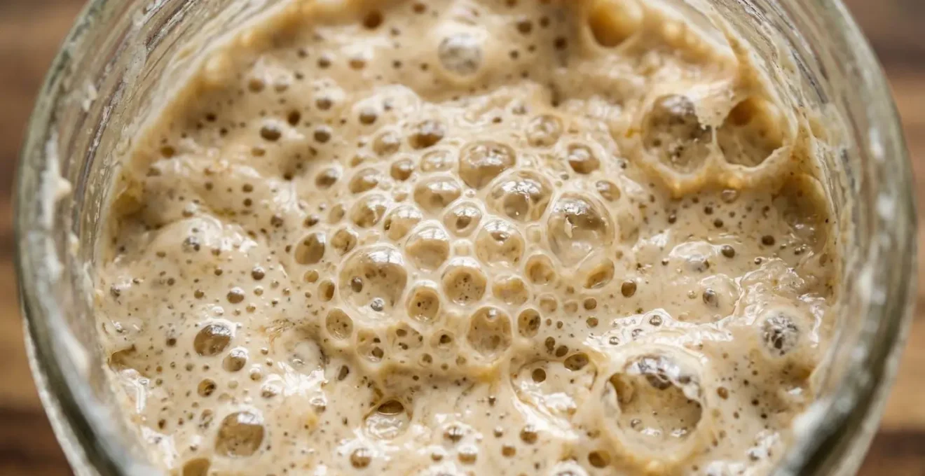 Gros plan macro d'un levain naturel en pleine fermentation avec bulles actives dans un bocal en verre