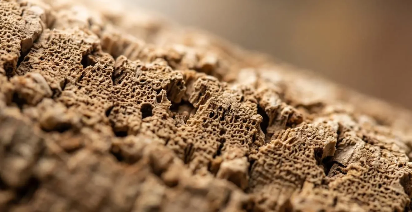 Gros plan macro sur la texture poreuse d'un bouchon de liège naturel avec profondeur de champ extrême