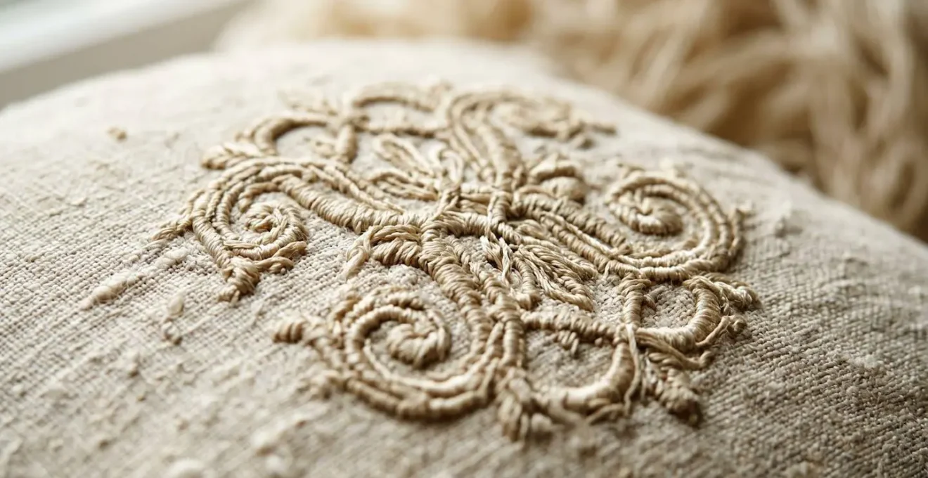 Gros plan sur un monogramme brodé en relief sur du lin ancien montrant la texture tactile et le travail artisanal