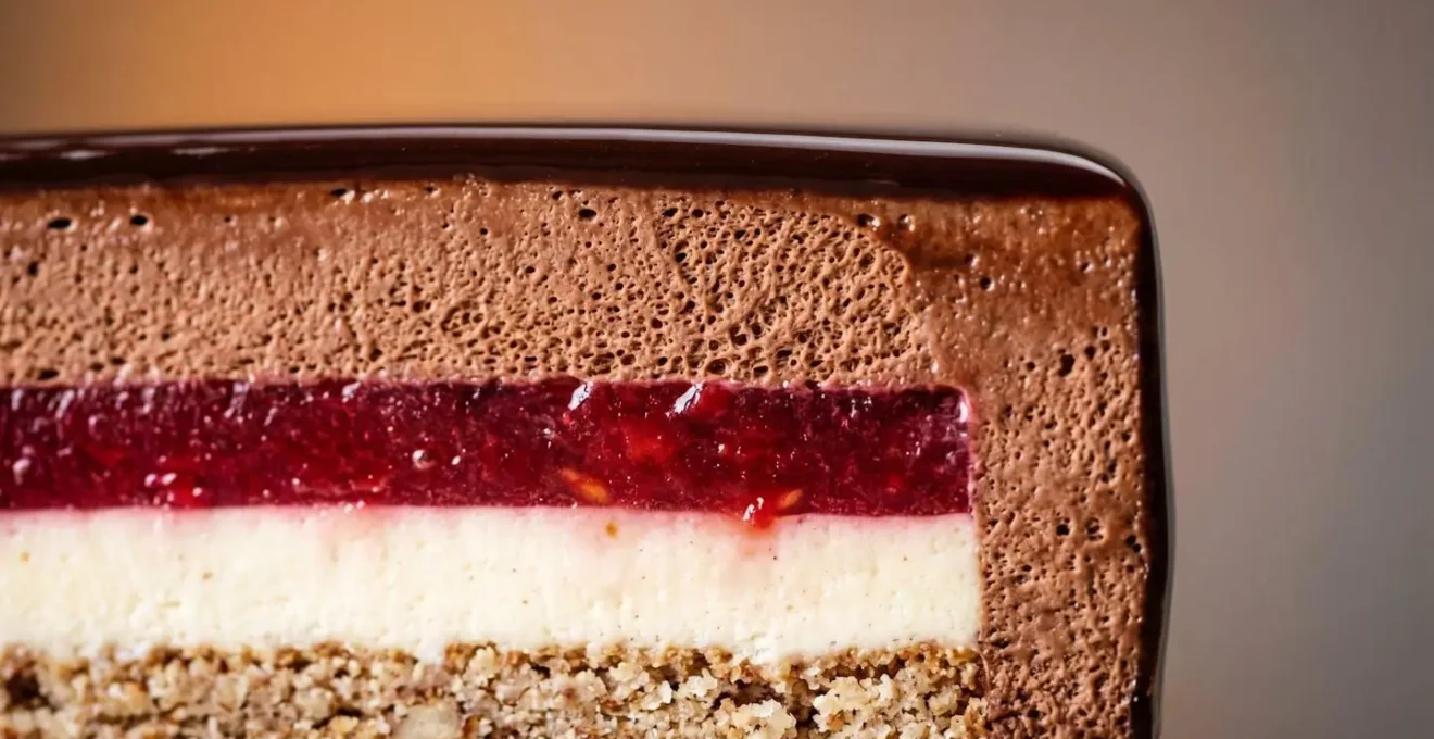Coupe transversale d'un entremets montrant les différentes couches de textures