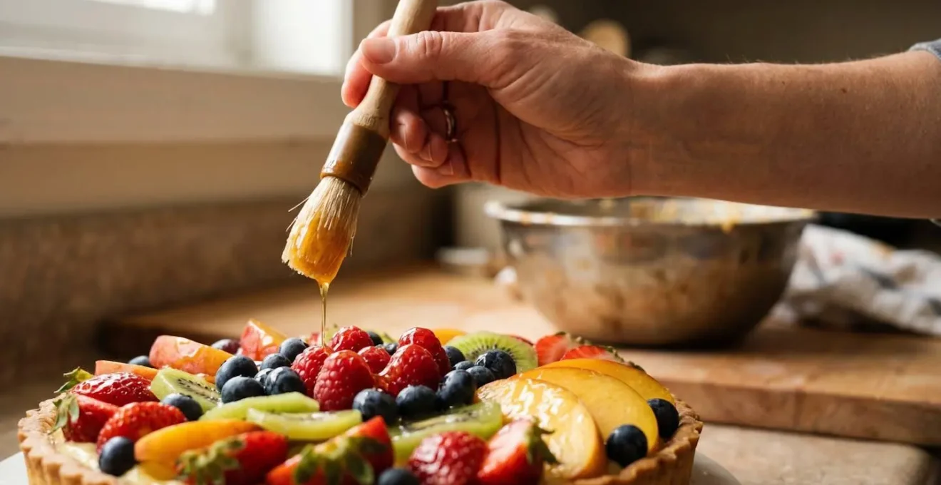 Pinceau appliquant un nappage naturel brillant sur une tarte aux fruits