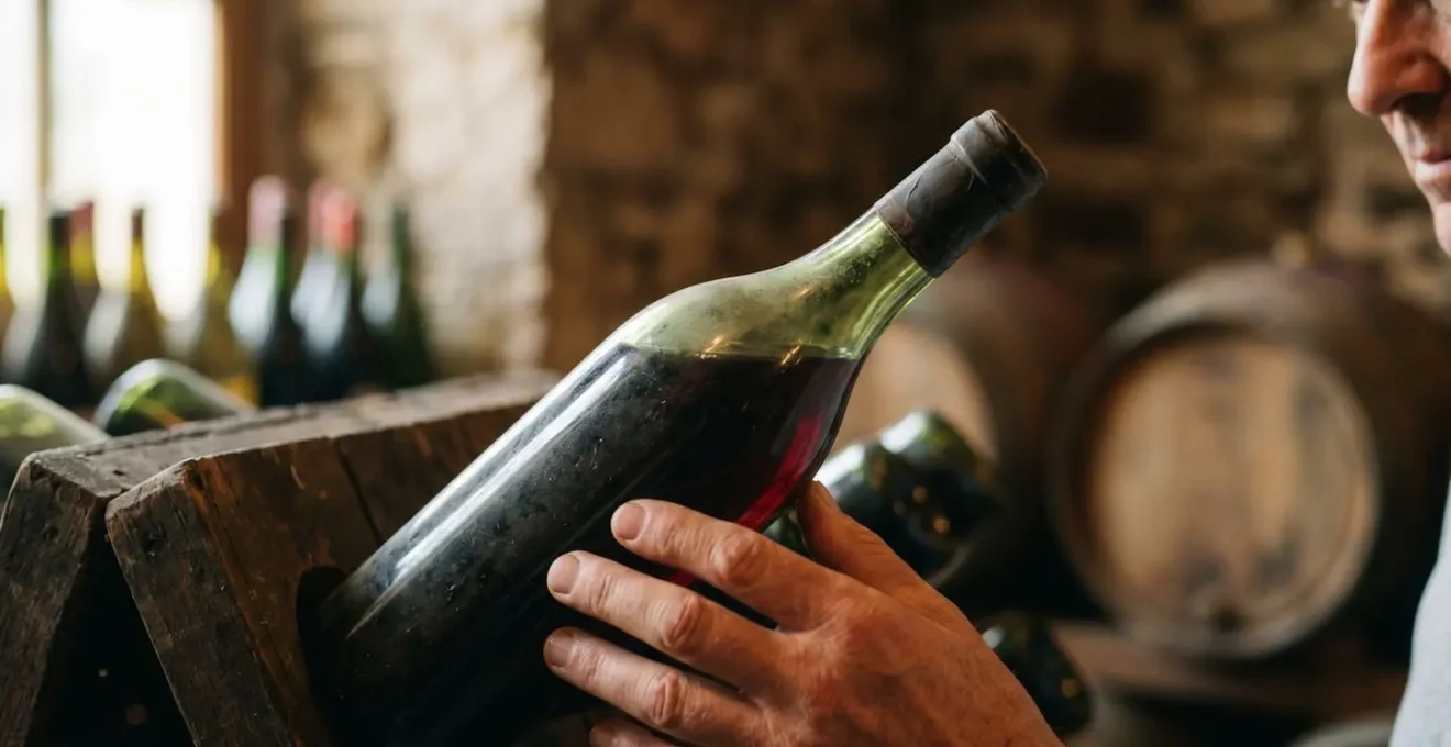Portrait serré d'une bouteille de vin ancien avec focus sur le niveau du liquide dans le goulot