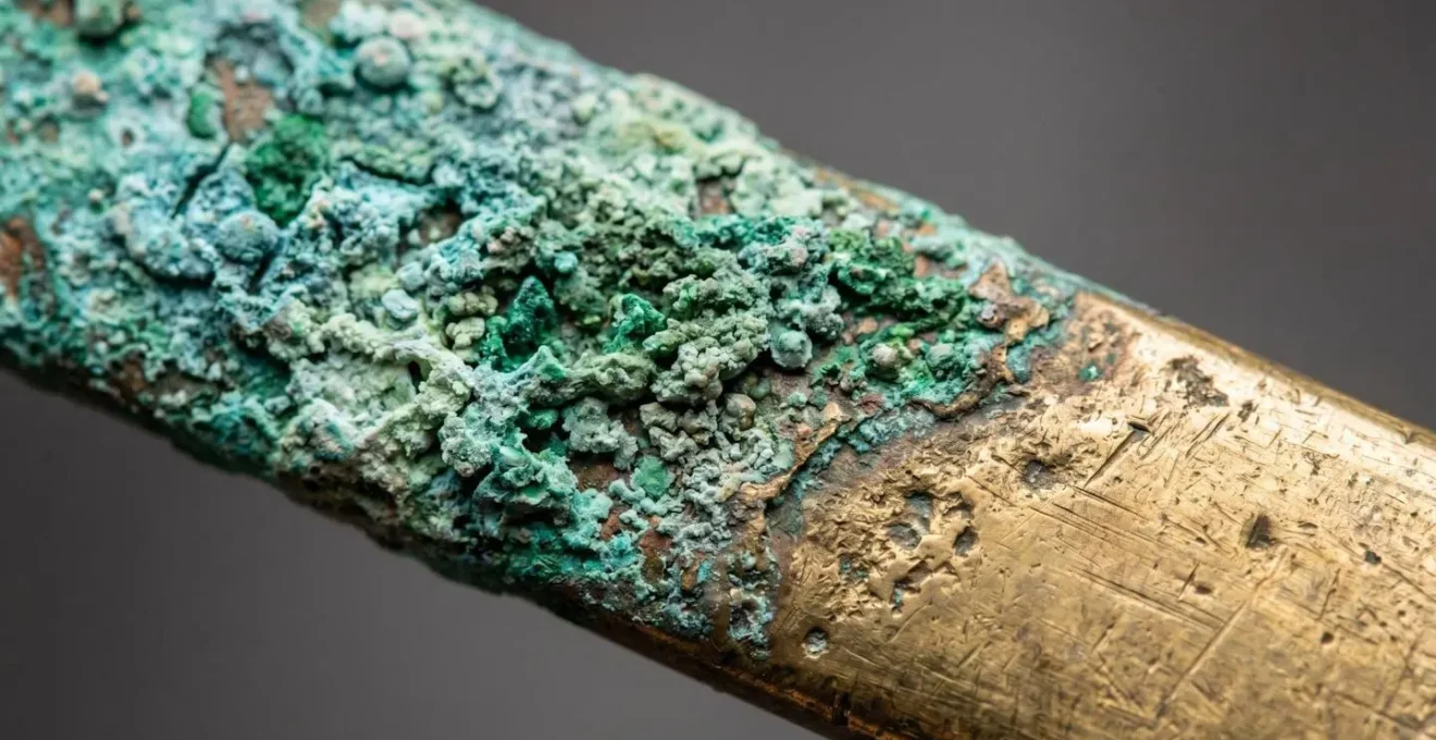 Gros plan sur une surface en laiton montrant l'apparition d'oxydation verdâtre caractéristique du vert-de-gris