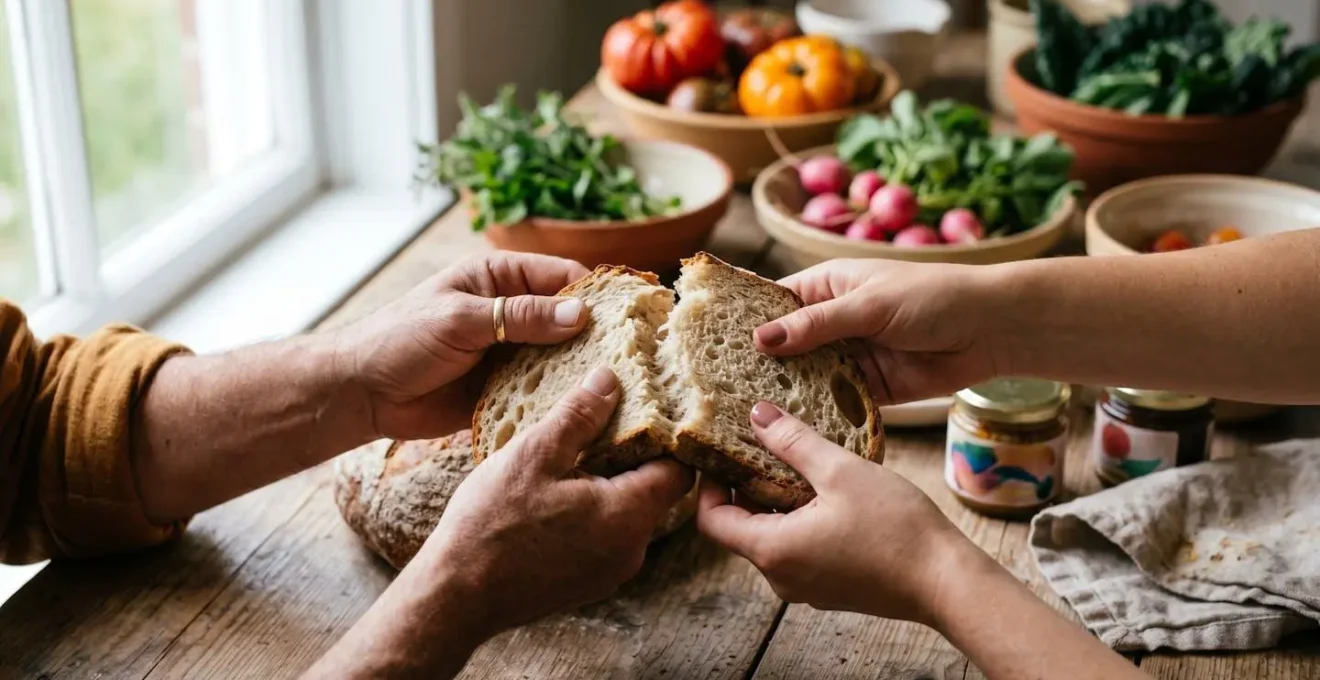 Table rustique avec pain de campagne tranché accompagné de légumes frais du marché et tartinades maison