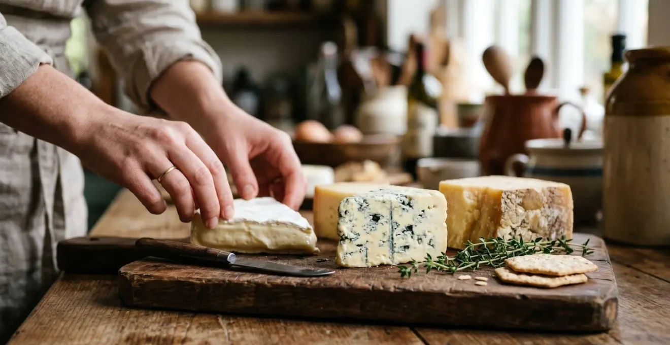 Gros plan sur des fromages artisanaux variés avec textures contrastées sur planche en bois naturel