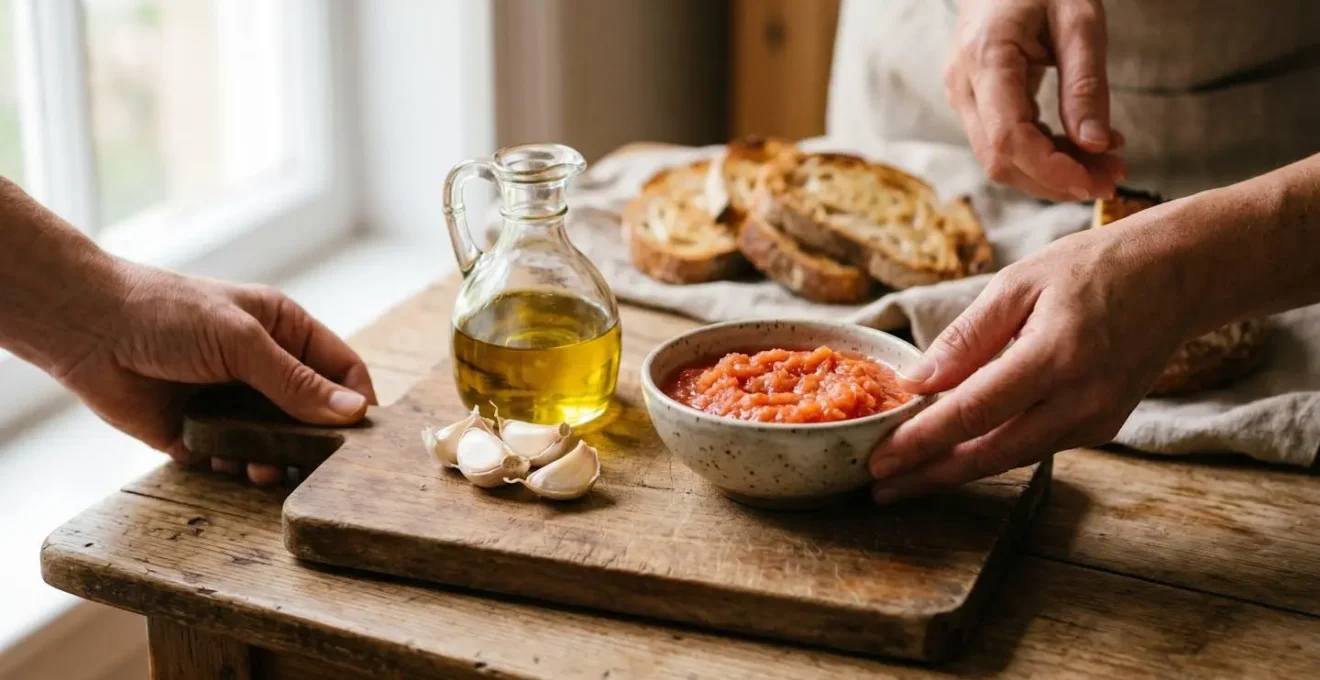 Ingrédients du pan con tomate disposés sur une planche en bois avec tomates râpées et huile d'olive