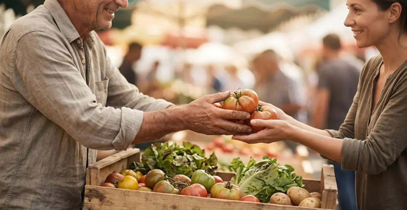 Échange authentique entre un producteur local et un consommateur sur un marché de plein air