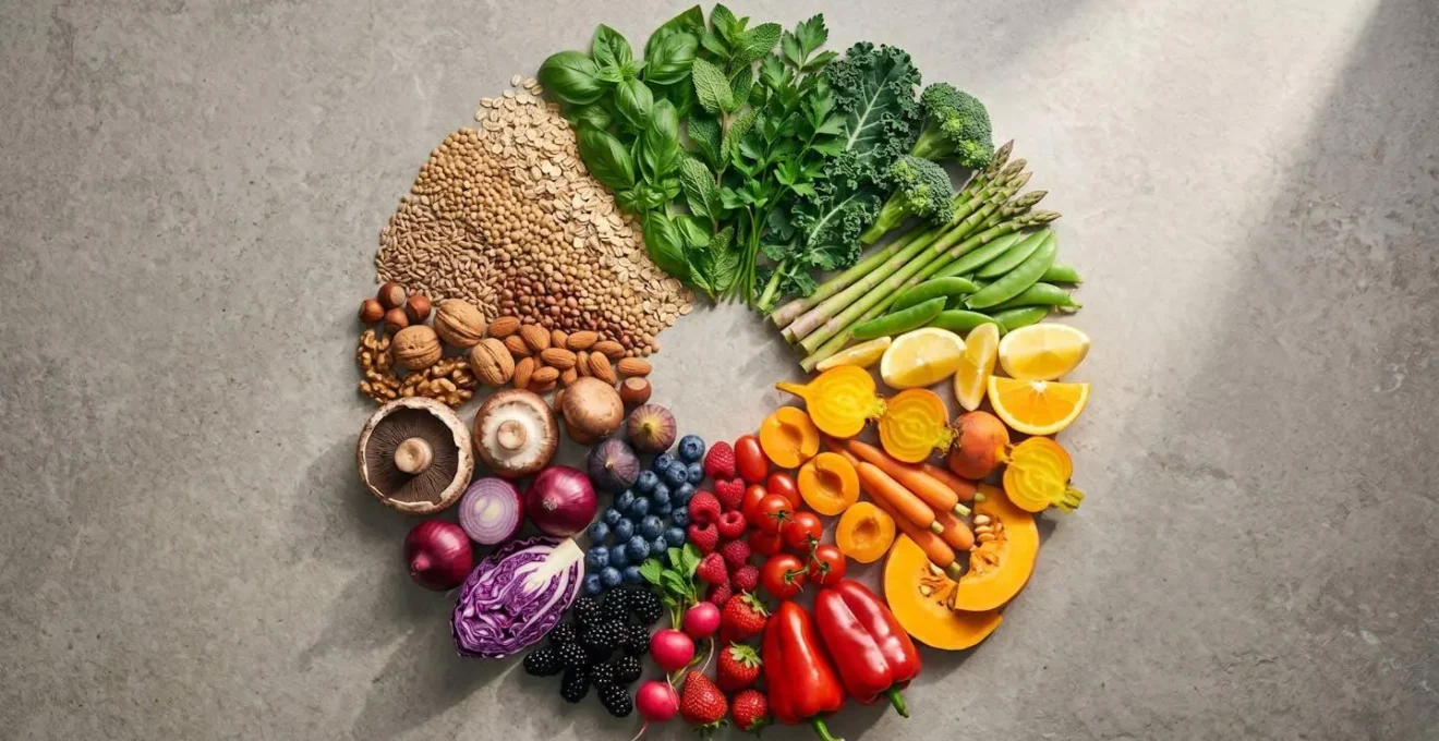 Composition visuelle illustrant la psychologie des couleurs en gastronomie avec aliments naturels aux teintes contrastées