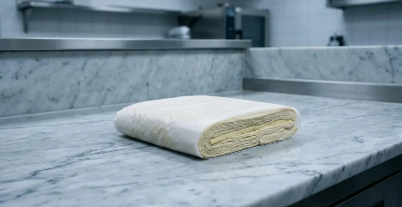 Pâton de pâte feuilletée en repos au réfrigérateur avec couches de beurre visibles