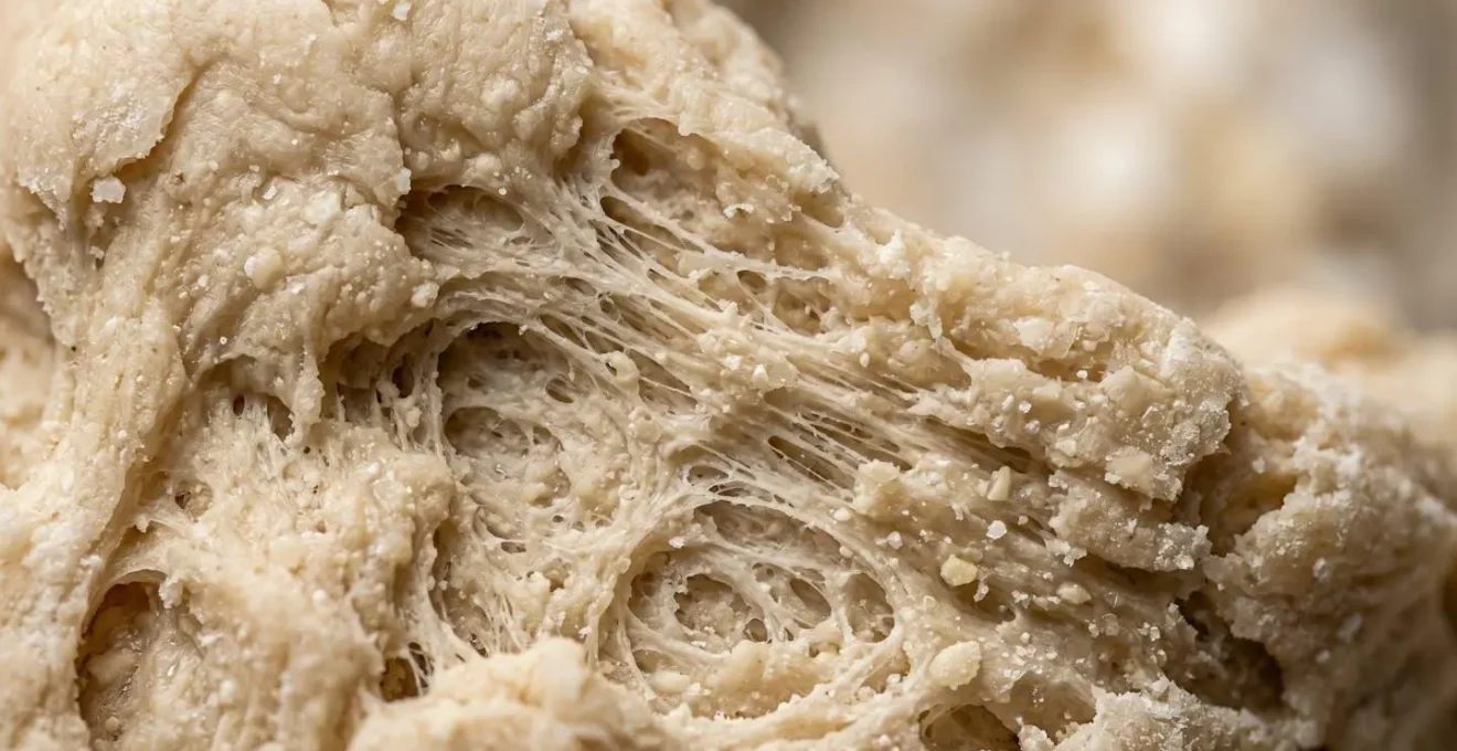 Détail macro de la texture d'une pâte à tarte révélant la structure du gluten