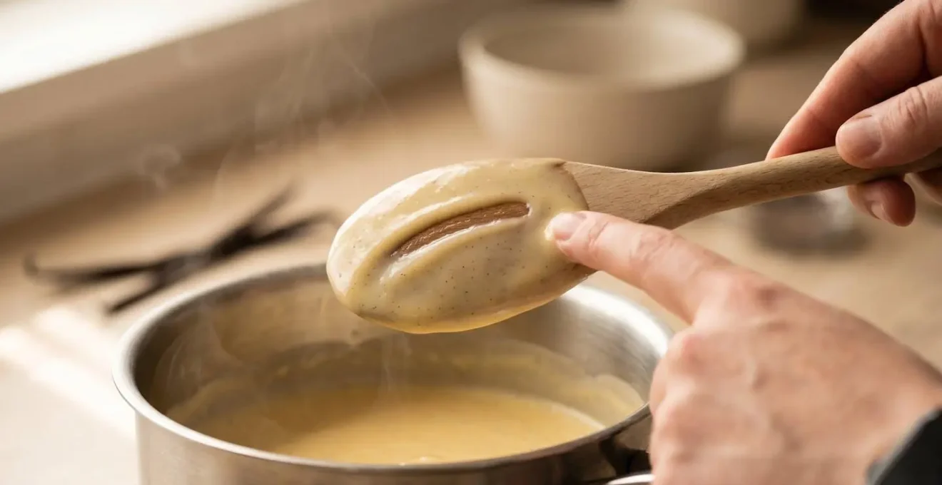 Sauce à la vanille nappant le dos d'une cuillère en bois au-dessus d'une casserole