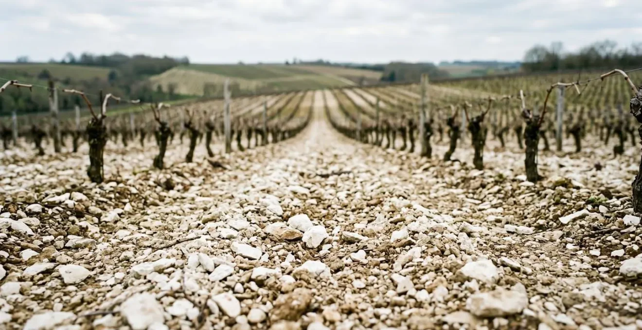 Vue en plongée d'un sol crayeux blanc caractéristique de la Grande Champagne avec des fragments de calcaire sous une lumière naturelle douce