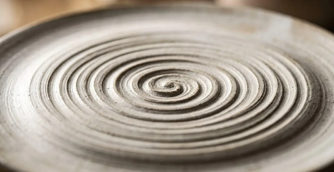 Gros plan macro sur le centre d'une assiette artisanale montrant les spirales de tournage et les traces de doigts du céramiste