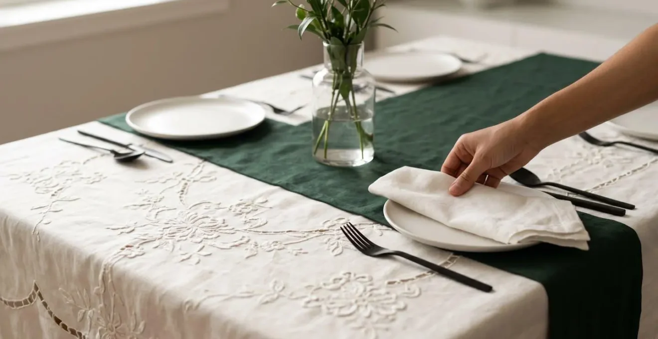 Composition de table mêlant une nappe brodée traditionnelle avec des éléments de décoration contemporains minimalistes