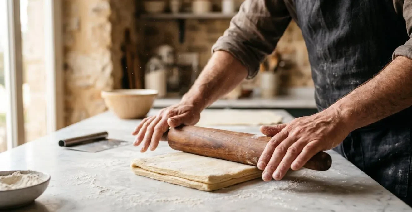 Mains de pâtissier étalant délicatement une pâte feuilletée au rouleau avec geste expert et précis