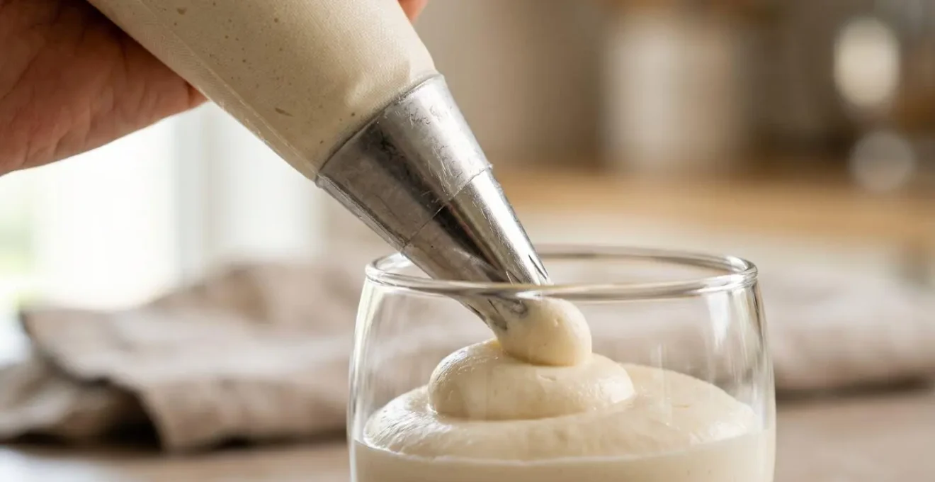 Gros plan sur une poche à douille remplissant délicatement une verrine en verre transparent avec une préparation crémeuse