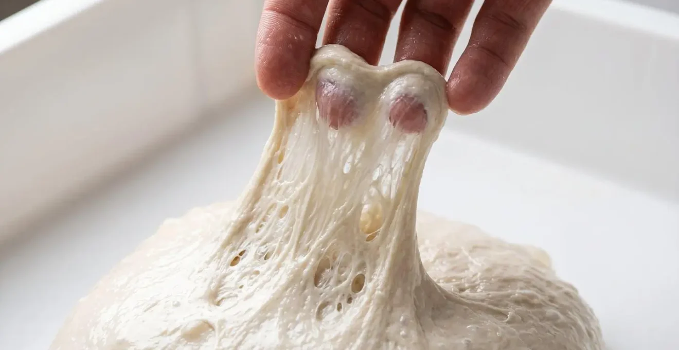 Geste de rabat stretch and fold sur pâte à haute hydratation dans un récipient transparent
