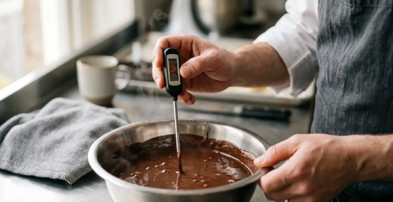 Contrôle précis de la température du chocolat fondu avec thermomètre de cuisine pour éviter le grainage