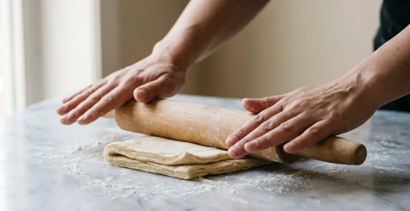 Mains appliquant une pression contrôlée sur rouleau à pâtisserie étalant délicatement une pâte feuilletée