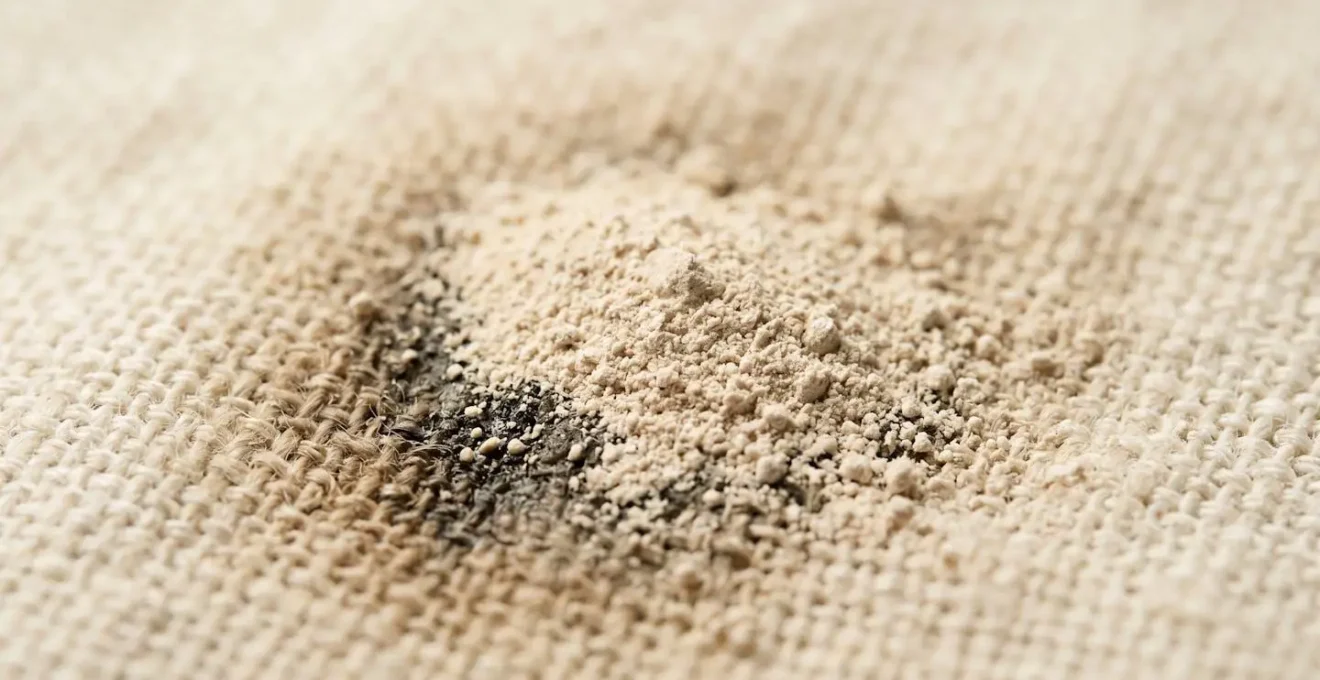 Gros plan macro sur de la poudre de terre de Sommières appliquée sur une tache grasse avec effet d'absorption visible