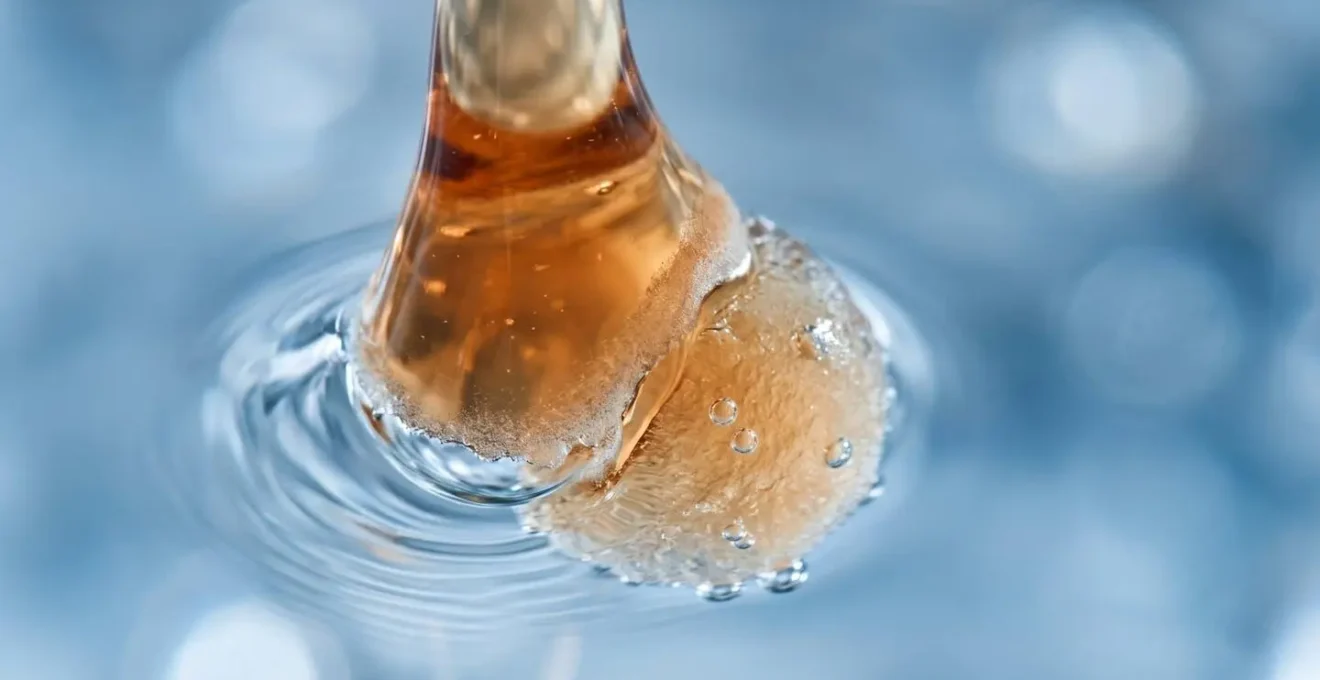 Gros plan macro sur une goutte de sirop de sucre se solidifiant dans l'eau froide formant une sphère translucide