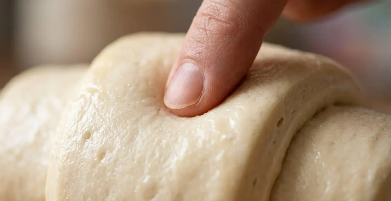 Doigt touchant délicatement surface d'un croissant en pousse pour tester la fermentation