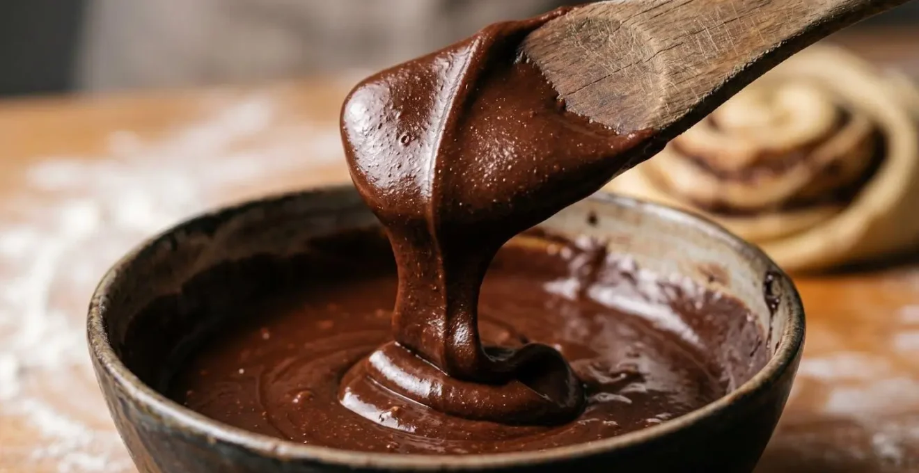 Gros plan sur une spatule soulevant de la garniture au chocolat à la texture idéale pour babka