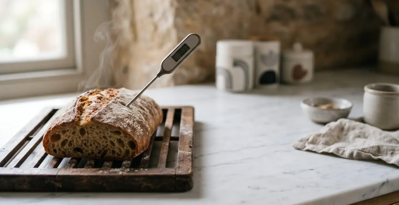 Thermomètre à sonde digital mesurant la température interne d'une ciabatta dorée
